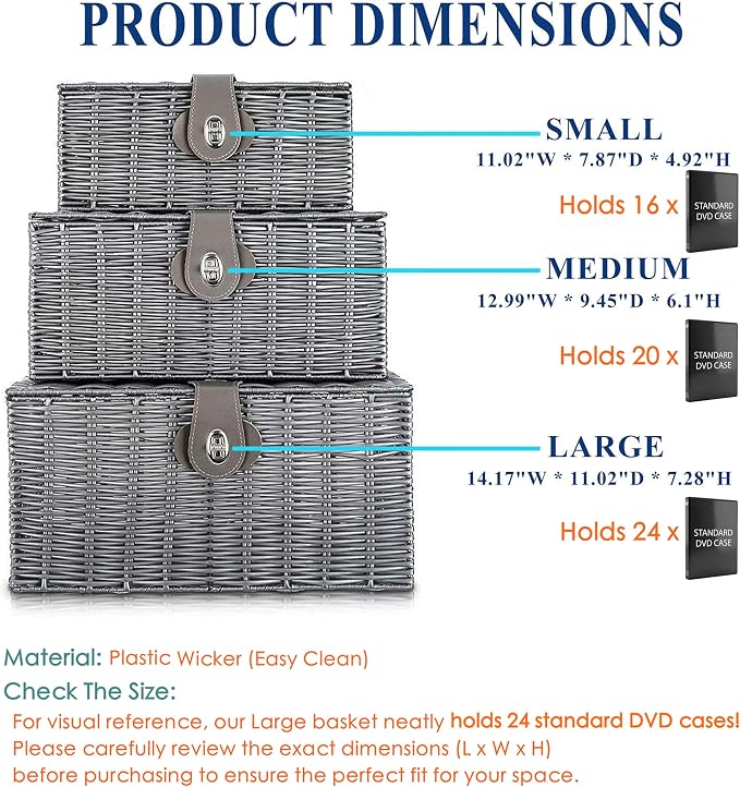 Set of 3 Woven Wicker Storage Basket Box with Lids & Lock, Built-in Carry Handles, Multifunctional Storage Organizer for Nursery, Baby, Clothes, Toys, Books, Large/Medium/Small Size (Grey)