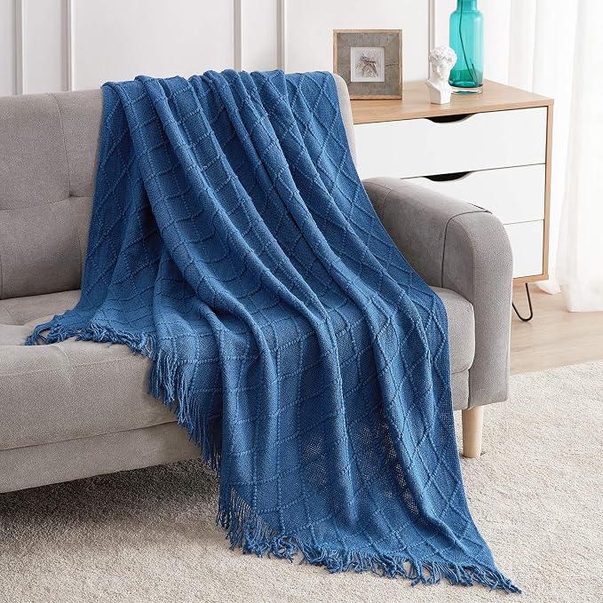 BOURINA Royal Blue Throw Blanket 60x80Inch Knitted Soft Throw Sofa Blanket | Knitted Throw Blanket 60x80 Inches, Soft Lightweight Boho Weave Throw Decorative Couch Blanket for Living Room Bedroom Chair