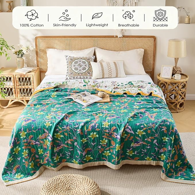 VANJOROY Boho Throw Blanket, 100% Organic Cotton Breathable Skin-Friendly Ultra Soft 50" x 60" Bed Quilt Throw - Floral Rustic Decor Luxury Reversible Blanket for Sofa Couch Chair and Gift,