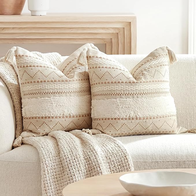 Decorative Throw Pillow Covers 20x20 Combo Set of 2 Square Cream Neutral White Boho Accent Pillowcase Tassels Farmhouse Cushion for Couch Sofa Bedroom Living Room Home Décor Cover ONLY