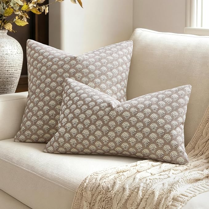 MIULEE Floral Print Decorative Lumbar Pillow Covers 12x20 Light Taupe | Vintage Boho Farmhouse Modern Home Decor, Set of 2, Block Print Cushion Covers for Couch Sofa Bed Living Room