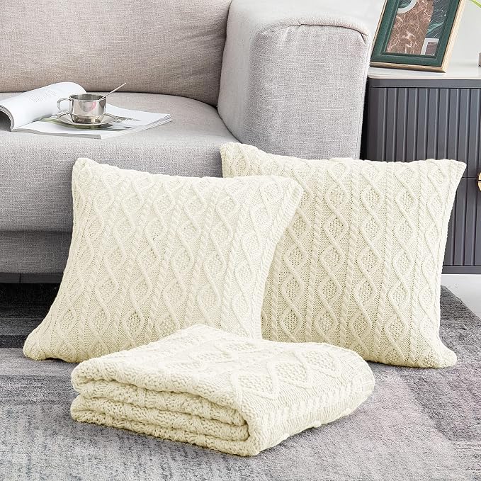 Homiest Cream White Cable Knit Throw Blanket Set of 3, with 2 Pillow Covers | Pure Acrylic, Lightweight & Breathable, All-Season Use, Machine Washable, Wrinkle & Fade Resistant, for Couch Bed And Sofa