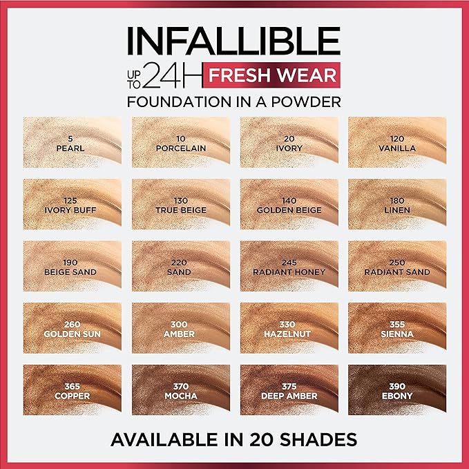 L'Oreal Paris Makeup Infallible Fresh Wear Foundation in a Powder, Up to 24H Wear, Waterproof, Golden Sun, 0.31 oz.
