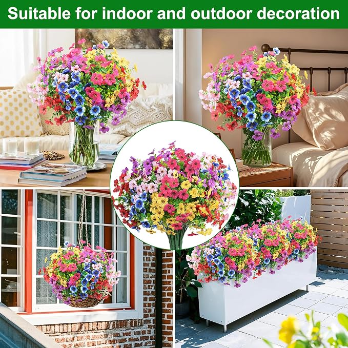12 Pcs Artificial Flowers for Outdoors Decorations, Multicolor | Colorful lifelike flowers, UV resistant, faux plastic plants, for garden porch window table vase home indoor outdoor decor