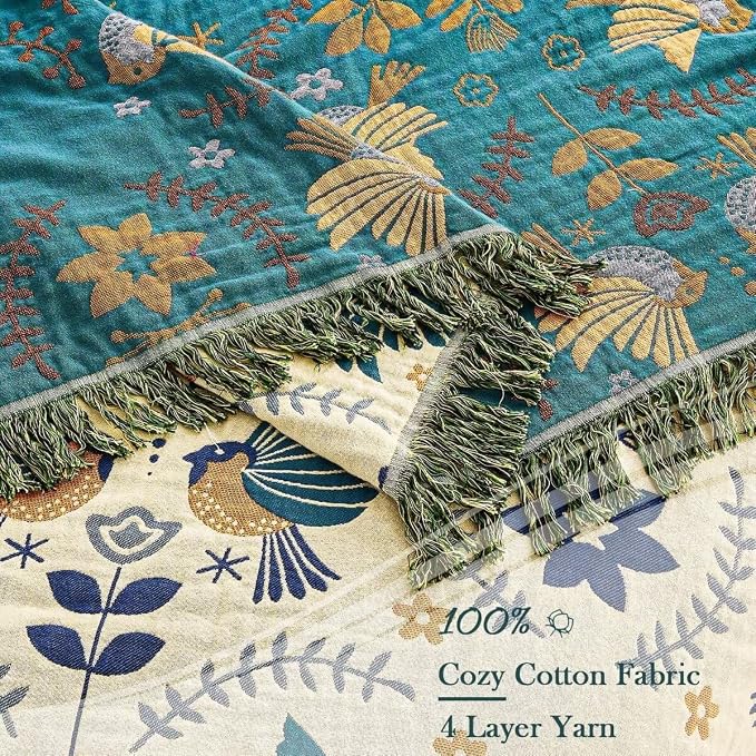 XIBLC Boho Throw Blanket, 100% Cotton Ultra Soft Luxury Throw Rustic Quilt, 80"x90" Floral Printed Farmhouse Decor Bed Summer Blankets, All Season Rustic Reversible Bohemian Throw for Bed - Blue