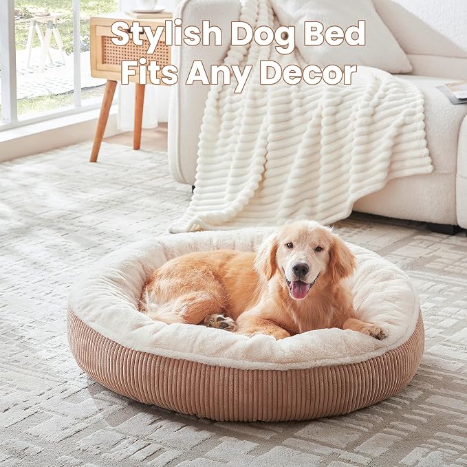 36 inches Calming Donut Dog Bed for Large Dogs,Brown | Round Pet Bed with Removable&Washable Cover,Plush Faux Fur & Corduroy, Fits Pets up to 80 lbs