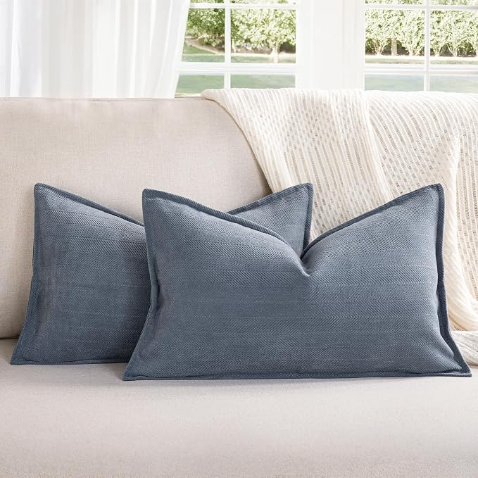 Dusty Blue Pillow Covers 12x20 Set of 2 Chenille Throw Pillow Covers with Elegant Design Soft and Luxurious Decorative Throw Pillows for Couch, Bed, and Home Decor