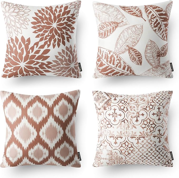 Phantoscope Set of 4 New Living Series Leaf Geometric Caramel Throw Decorative Pillow Cover Cushion Cover 18 x 18 inches 45 x 45 cm