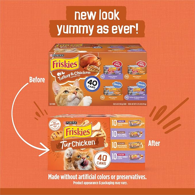 Purina Friskies Wet Cat Food Gravy Variety Pack, TurChicken Extra Gravy Chunky, Meaty Bits and Prime Filets - (Pack of 40) 5.5 oz. Cans | Made with real chicken; low-magnesium formula balances pH and boosts immune defense, with no artificial flavors or...