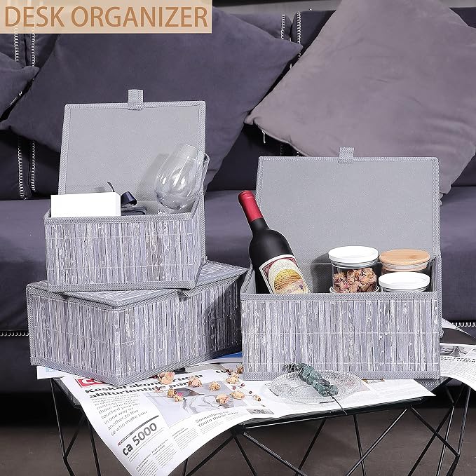 Honygebia Bamboo Decorative Storage Boxes - Set of 3 Woven Lined Storage Basket with Lids, Grey Marble Wicker Lidded Baskets for Home Kitchen Shelf Organizer Decor