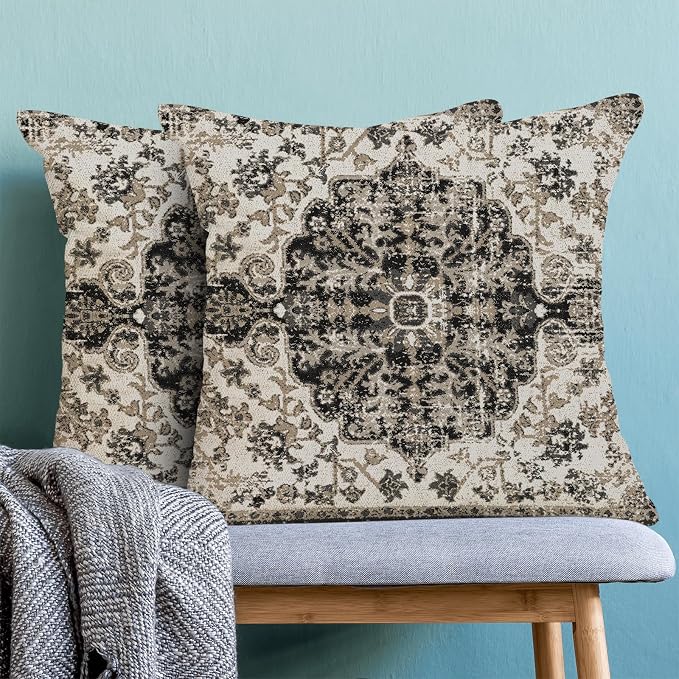 AEIOAE Boho Pillow Covers 22x22 Inch Set of 2,Carpet Pattern Throw Pillows Case,Black White Grey Ethnic Design Outdoor Decorative Square Linen Farmhouse Decor Cushion Covers for Home Sofa Bed Couch