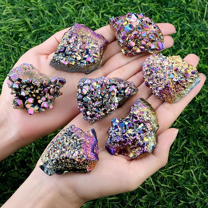 ZHIYUXI Rainbow Crystal Titanium Coated Crystal Cluster Crystal Geode Decor Rainbow Rock Natural Raw Crystal Energy Balance Reiki Wicca Home Decor 1Pc 50-70g