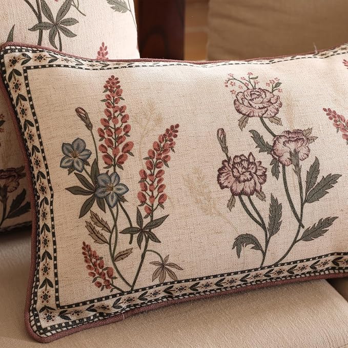 Designer Vintage Linen Throw Pillow Cover,20"x12"-Helena C | Elegant French Rectangle Pillow Cover,Concealed Zipper Design,Floral Pattern,Sofas,Bedroom,Living Room,Lounge Chairs