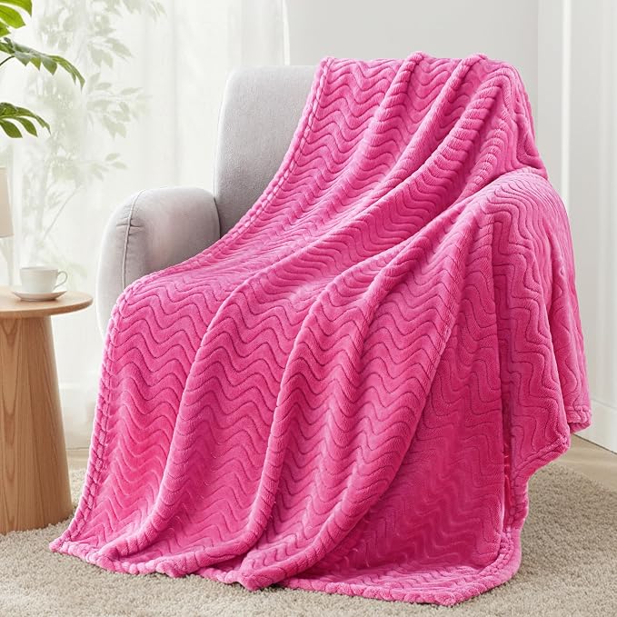 Exclusivo Mezcla Large Fleece Throw Blanket for Couch, Sofa, Hot Pink | 50"x70" Soft Breathable Lightweight Flannel Throws for Summer, Plush Cozy Jacquard Wave Blanket for Home Decor