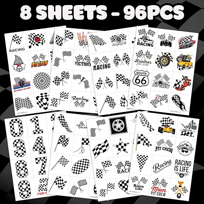 96 PCS Funny Race Car Checkered Flag Pre-Cut Black and White Temporary Tattoos Sticker Birthday Party Decorations Supplies Favors Gifts Boys Girls Men Cute Racing Fake Tattoo School Prizes (Normal)