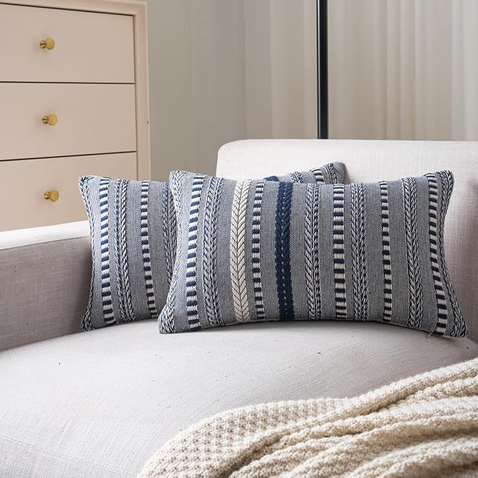 Cethom Boho Throw Pillow Covers 12x20 Inch Set of 2, Farmhouse Decorative Couch Pillow Cases, Navy Blue Accent Pillows of Bed, Sofa Bedroom Living Room Home Decor Cushion Cover