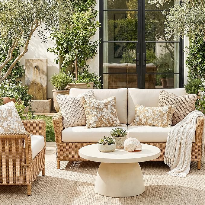 Throw Pillow Cover 20x20 Inch Indoor Outdoor, Jute-Look Floral Tufted Decorative Accent Pillow Case for Patio Sofa Couch Living Room, Cover Only