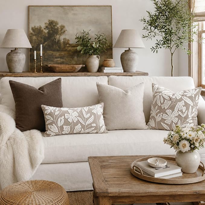 Decorative Lumbar Pillow Cover 12x20, Light Taupe Accent Velvet Throw Pillowcase for Couch Sofa Living Room, Floral Tufted Rectangular Cushion, Cover Only