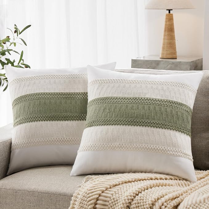 2pk Boho Pillow Covers 22x22, Natural White/Contrast/Green | 100% Organic Cotton Body, Stripe Embroidery, Farmhouse Decorative Cushion Covers for Sofa Bed Living Room Home Decor