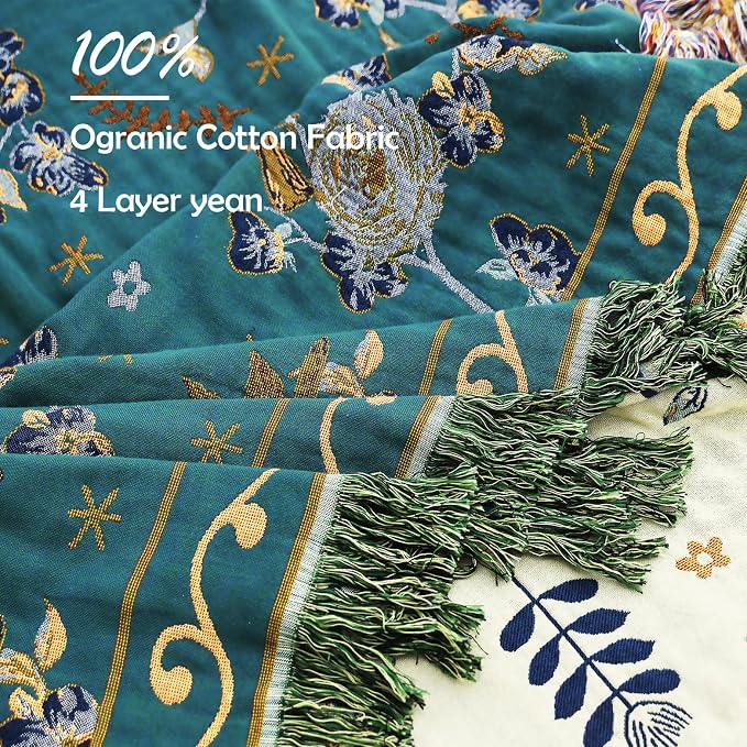 VANJOROY Boho 100% Cotton Large Throw Blanket - All Season Rustic Ultra Soft Breathable Floral Bird King Blanket for Bed Sofa Couch Chair Bedspread Quilt Gift, 91" x 98"-Teal/Beige