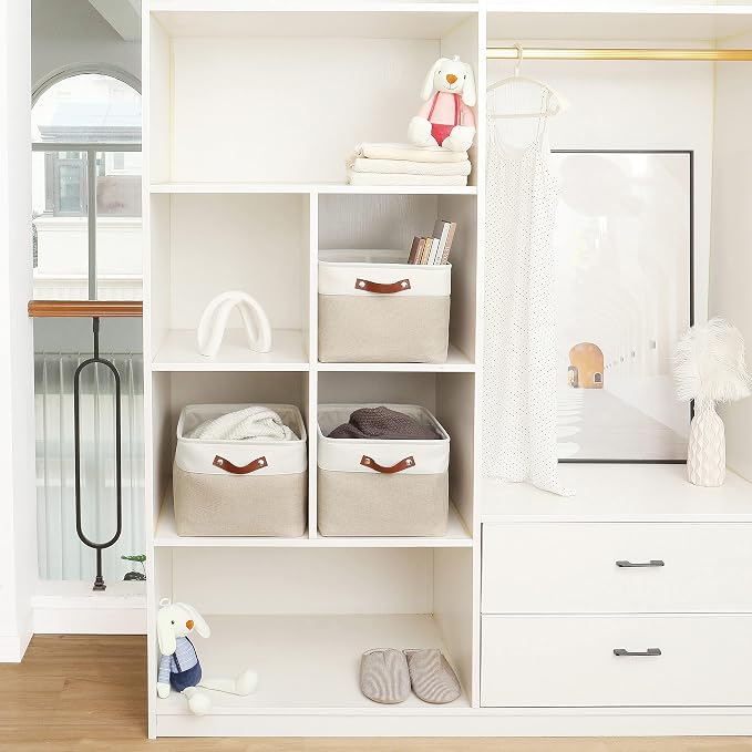 OrganiHaus 16x12.5in Storage Baskets, 3 Pack - Fabric Bins for Shelves | Vegan leather handles; a decorative linen closet organizer, towel and clothes container
