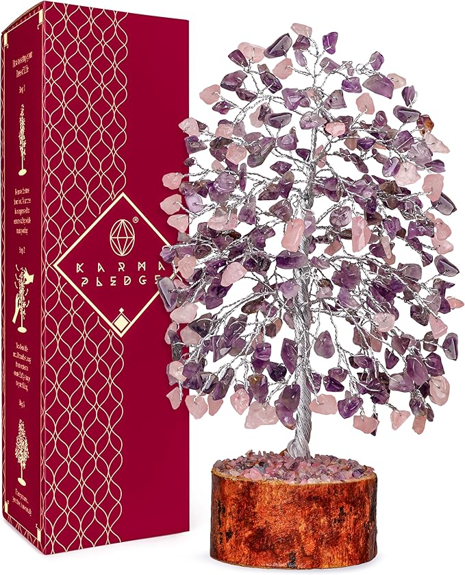Healing Crystal Tree of Life for Birthday Gifts for Women, Mom, Sister, Friends Brings Good Luck, Money, Positivity, Reiki Healing, Handmade Feng Shui Boho Decor for Home & Office - Rose, Amethyst