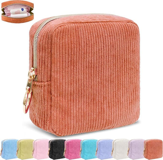 Period Bag for Girls, Corduroy Period Kit with Sanitary Pad Pouch, Menstrual Storage Bag and Tampon Holder for Purse, Girls School Essentials,Feminine Care Organizer(Orange)