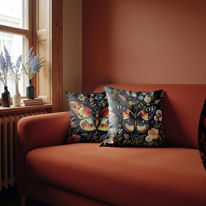William Morris Inspired Butterfly Pillow Covers 18x18 Set of 2, Butterfly Room Decor, Dark Cottagecore Floral Botanical Moth Decorative Throw Pillow Covers for Home Bedroom Living Room