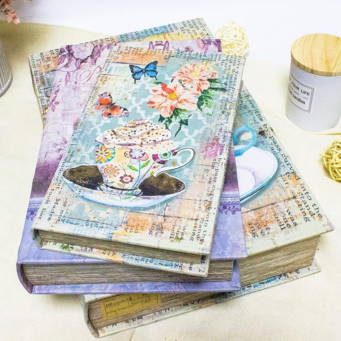 Fake Book Storage Box Decorative Flower Bird Pattern Set of 3 | Trinket Keepsake Greeting Card Book Shaped Storage Box,Vintage Box Coffee Table Decoration,Graduation Gift
