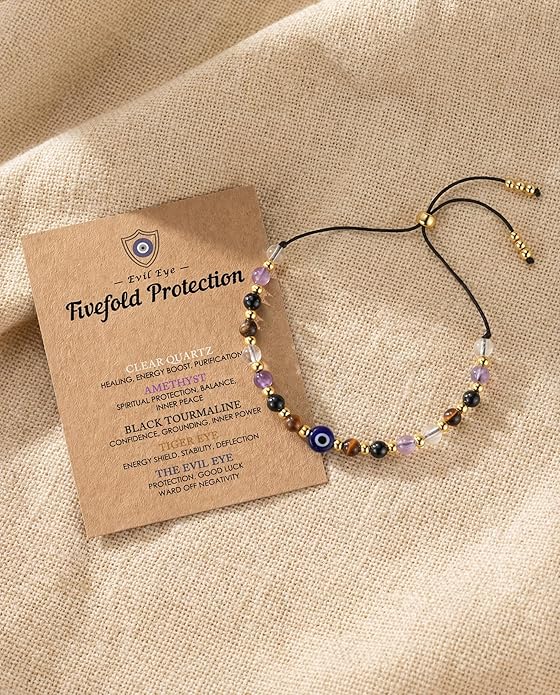 Evil Eye Dainty Bracelet - Natural Crystal Protection Bracelet - 5 Healing Stones Clear Quartz Amethyst Black Tourmaline Tiger Eye Adjustable Spiritual Guardian Jewelry Gift with Meaning Card