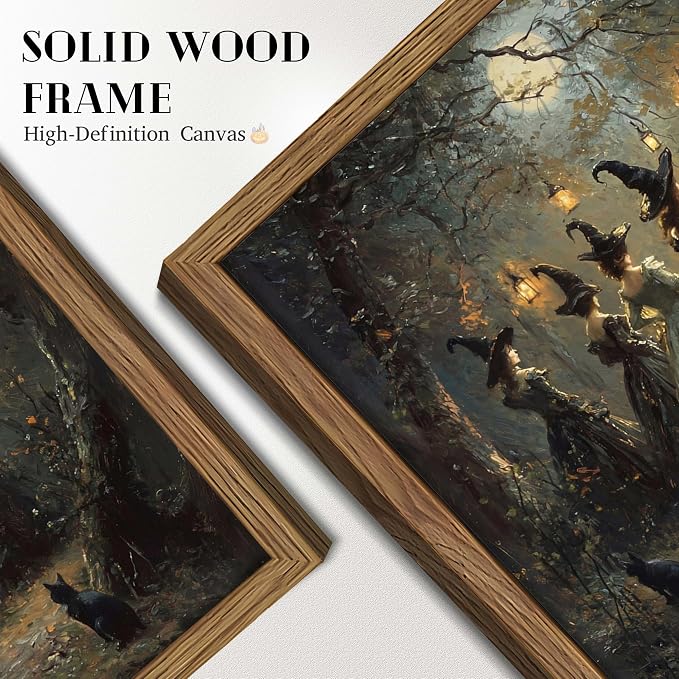 Framed Vintage Halloween Witches Wall Art, Dark Academia Gothic Black Cat Painting Canvas Prints, Halloween Wall Decor, Coven of Witches Dancing Scene Forest Poster for Living Room 12x16in