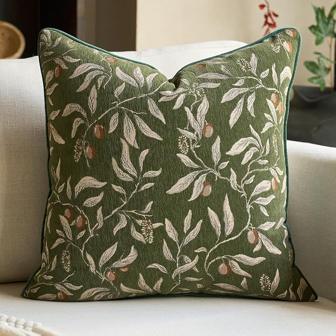 Alerfa Green Floral Throw Pillow Cover 18 x 18 Inch Sqaure Luxury Decorative Pillow Cover for Couch Living Room Bedroom