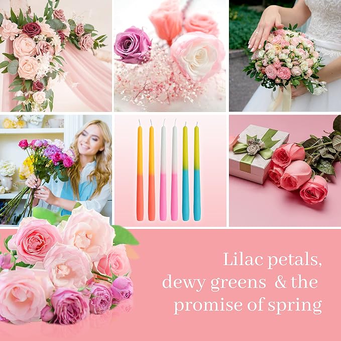 Pastel Taper Candles Set of 6 Rose Scented Candle Sticks Hand Poured Smokeless Two Tone Double Color Design 10 inch Long Candle for Wedding Dining Housewarming Gift Holiday Home Decor