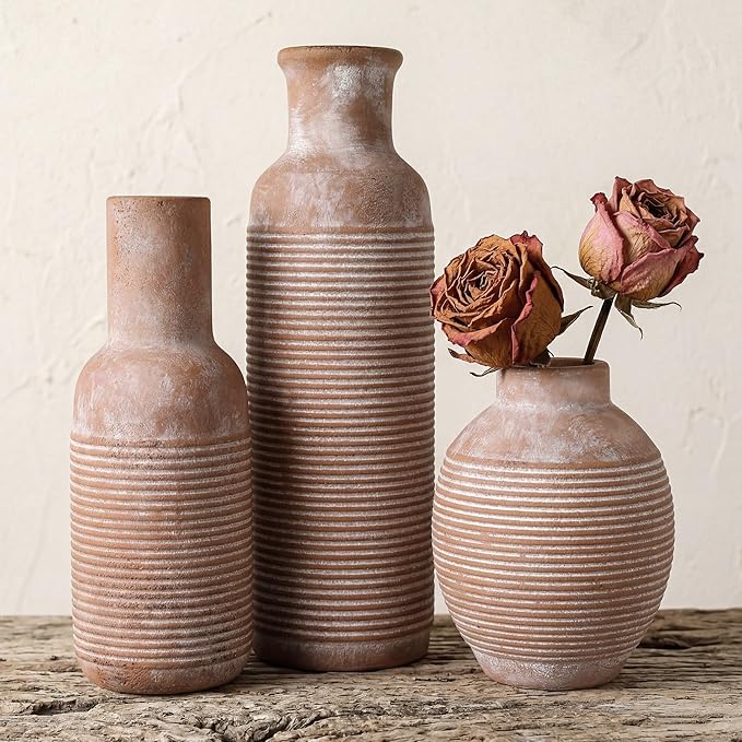 Rustic Farmhouse Vase Set of 3 - Ceramic Decorative Vintage Vases Home Decor - Pampas Grass Dried Fresh Flowers - for Centerpiece, Coffee Table, Mantel Entryway, Living Room, Bedroom (Retro 2)