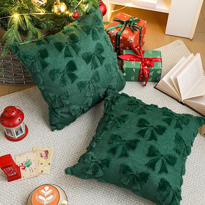 Mixweer Green Bow Pillow Covers Set of 2 Preppy Room Decor Coquette Cute Spring Summer Decorative Faux Fur Soft Bowknot Stuff Fluffy Plush Aesthetic Pillowcase for Bed Sofa Couch (18 x 18 Inch)