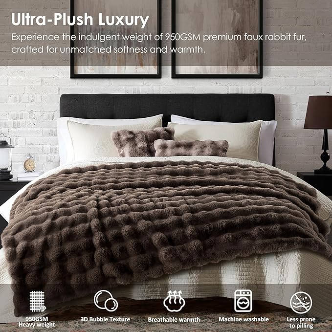 WDCOZY Luxury Bubble Throw Blanket, Brown Faux Rabbit Fur Mink Plush Throw for Couch Sofa Bed, Super Soft Fluffy Cozy Decorative Blanket, Thick and Warm, Living Room Decor, Small 50x60 inches