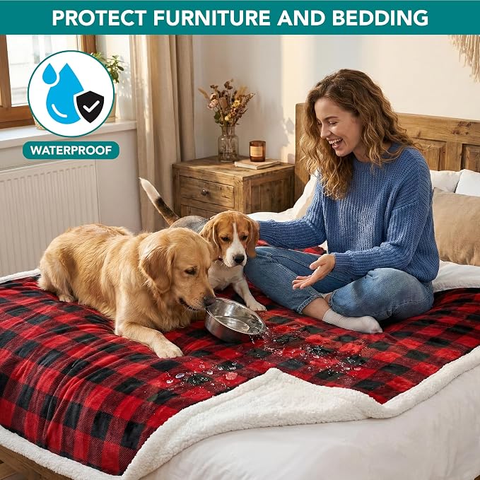 PetAmi Waterproof Dog Blanket for Large Dog Cat Pet, 60x80, Black Red | 460 GSM Sherpa Fleece Reversible, Pee Proof, Furniture Protector Cover for Couch Sofa Bed Kennel, Washable, Extra Large