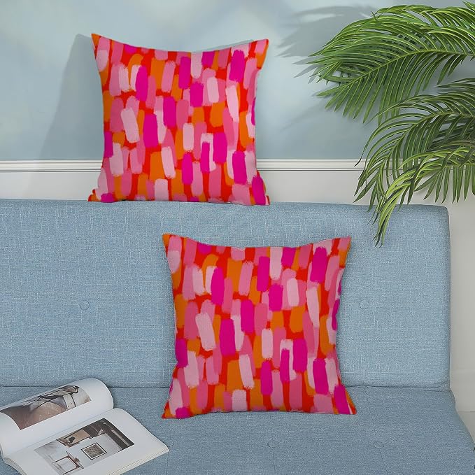 Hot Pink Orange Pillow Covers 18x18 Inch Set of 2 Abstract Preppy Throw Pillows Painting Outdoor Decorative Pillow Cases Linen Aesthetic Boho Cushion Cover for Couch Home Sofa Bed Decor