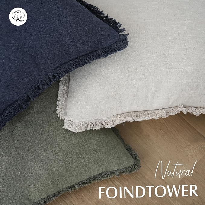 Foindtower Set of 2 Decorative Linen Fringe Throw Pillow Covers Cozy Boho Farmhouse Cushion Cover with Tassels Soft Accent Pillowcase for Couch Sofa Bed Living Room Home Decor, 16×16 Inch, Navy Blue