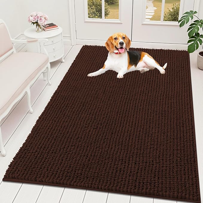 OLANLY Dog Door Mat for Muddy Paws 59x35, Extra Absorbent Chenille Mud Mat | Brown, Absorbs Moisture and Dirt, Non-Slip Machine Washable Doormat, Quick-Drying Indoor Entryway Floor Mat for Dogs
