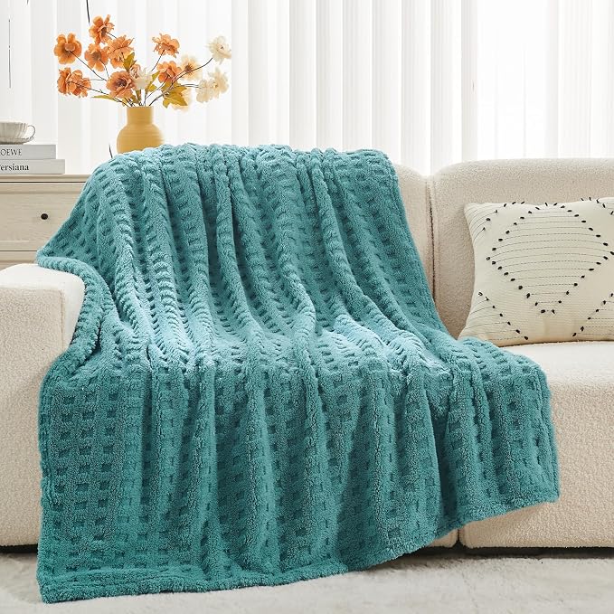 NEWCOSPLAY 3D Waffle Checkered Flannel Twin Blanket, Light Teal, 60"x80" | Super Soft Cute Lightweight Decorative Premium Silky Fleece Blanket for Couch Sofa Bed, Gift for Women Men, All Season Use