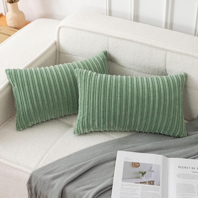 UGASA 14x24 Inch Pillow Cover Pack of 1 Soft Boho Stripe Corduroy Long Rectangular Lumbar Cushion Cover Farmhouse Decorative Throw Pillowcase for Bed, Couch, Sofa, Bedroom, Living Room, Sage Green