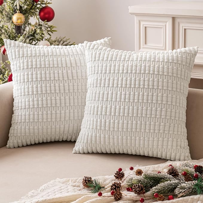 MIULEE Euro Sham Corduroy Decorative Throw Pillow Covers 24x24 Pure White | Pack of 2 Soft Boho Striped Pillow Covers Modern Farmhouse Home Decor For Sofa Living Room Couch Bed