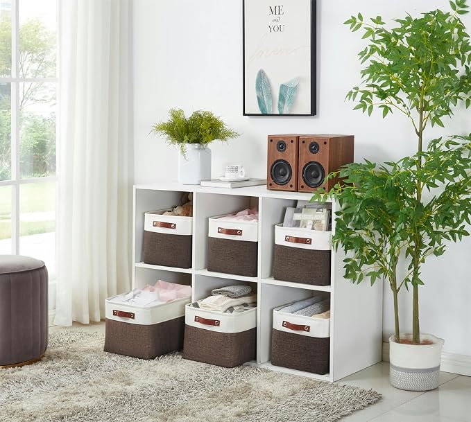 DECOMOMO Storage Bins, Large Fabric Storage Baskets for Shelves 4 Pack | 15 x 11 x 9.5 inches Decorative Linen Closet Organizers (Brown & White)