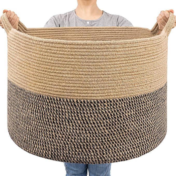 Goodpick Large Wicker Basket for Blankets, Baby Toy Storage Basket, 85L | 21.7 x 21.7 x 13.8 In Baby Storage Basket for Nursery, Blanket Basket for Living Room, Laundry Basket for Towels, Jute