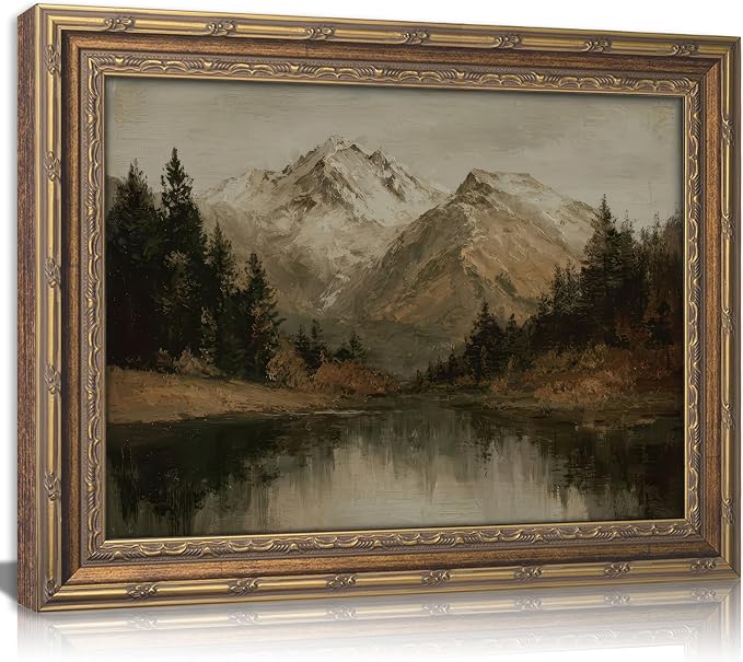 Vintage Gold Framed Landscape Canvas Wall Art Mountain with Forest Trees Lake Painting Picture Wall Decor Nature Scenery Green Botanical Poster Print Artwork for Living Room Office Home Decoration