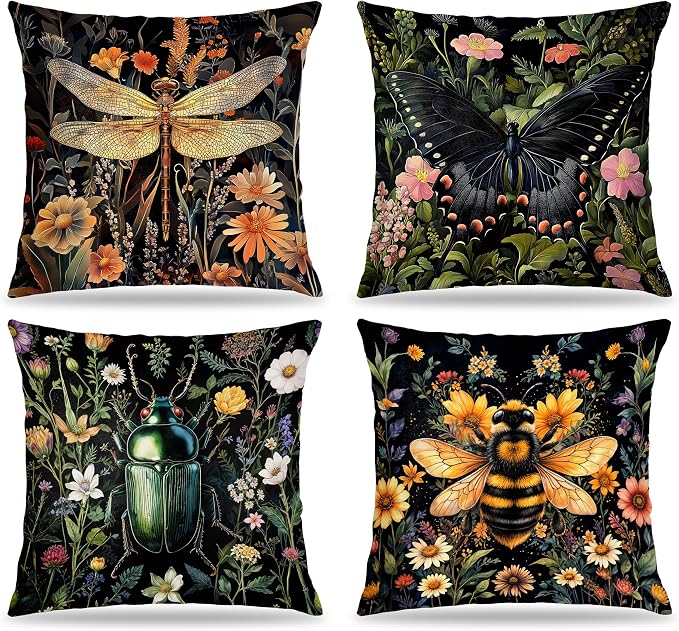 William Morris Inspired Dragonfly Bee Pillow Covers 18x18 Double-Sided Set of 4,Insect Gifts for Women,Vintage Dark Cottagecore Floral Botanical Insects Decorative Throw Pillow Covers for Home