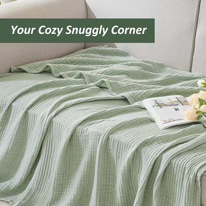 EMME Cotton Muslin Twin XL Blanket Breathable Gauze Soft Lightweight Blankets Adults Gifts for Women (Heather Sage Green, 66"x90")