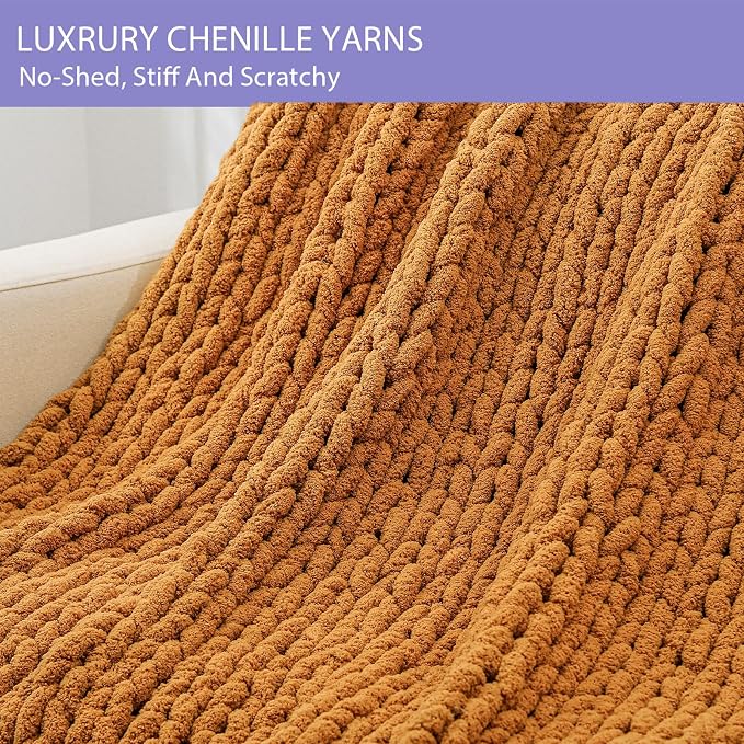 Bigacogo Chunky Knit Throw Blanket for Couch, 51x63 inches, Burnt Orange | Hand Knit with Jumbo Chenille, Soft Breathable Cable Knit for Sofa Bed Living Room, Machine Washable, Gift for Mom Friend