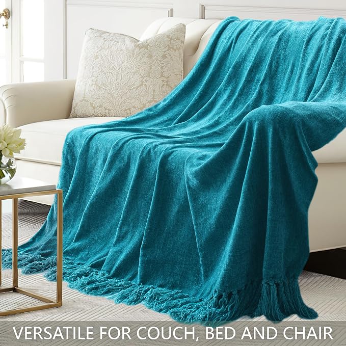 Chenille Throw Blanket for Couch 60" x 80" Twin, Teal | Soft Cozy Warm Throws with Fringe Tassel, for Living Room Bed Sofa Chair Cover, Lightweight Knitted Decorative Boho Blankets